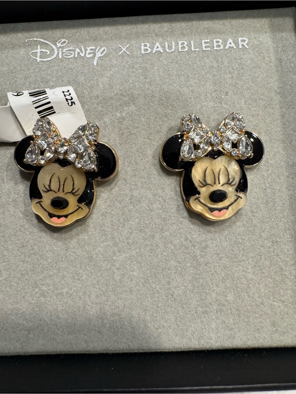 New Minnie Mouse Gold & Black Crystal Bow Stud Earrings